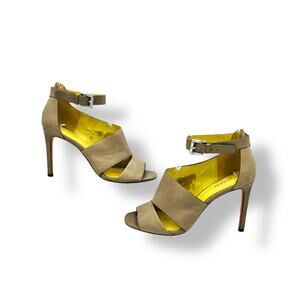 Coach Manhattan Greige Leather Open Toe Ankle Strap Stiletto Heels Size 7